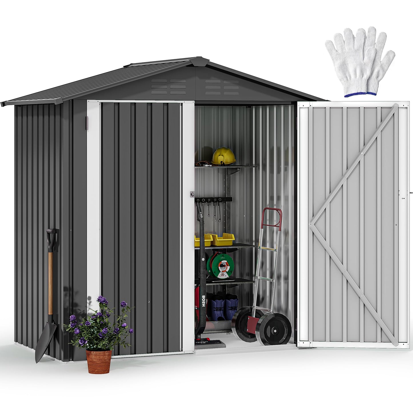 DWVO 6x4ft Outdoor Storage Shed, Weatherproof Tool Shed w/Locking Entry & Ventilation for Grass Cutter, Bike, Equipment, Courtyard, Garden (Dark Gray) - CookCave