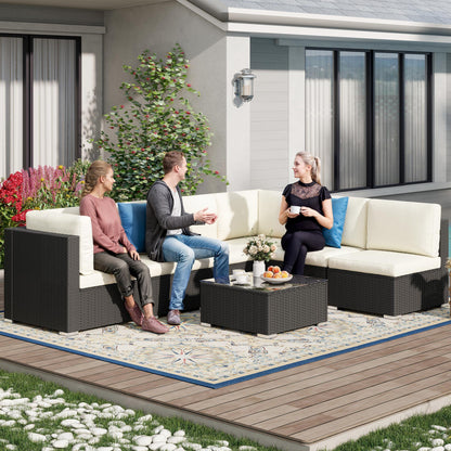 DWVO 7-Piece Patio Furniture Set, All-Weather PE Rattan Wicker Outdoor Sectional Sofa with Soft Cushions & Coffee Table, Patio Conversation Set for Backyard, Garden, Porch, Balcony (Beige+Black) - CookCave