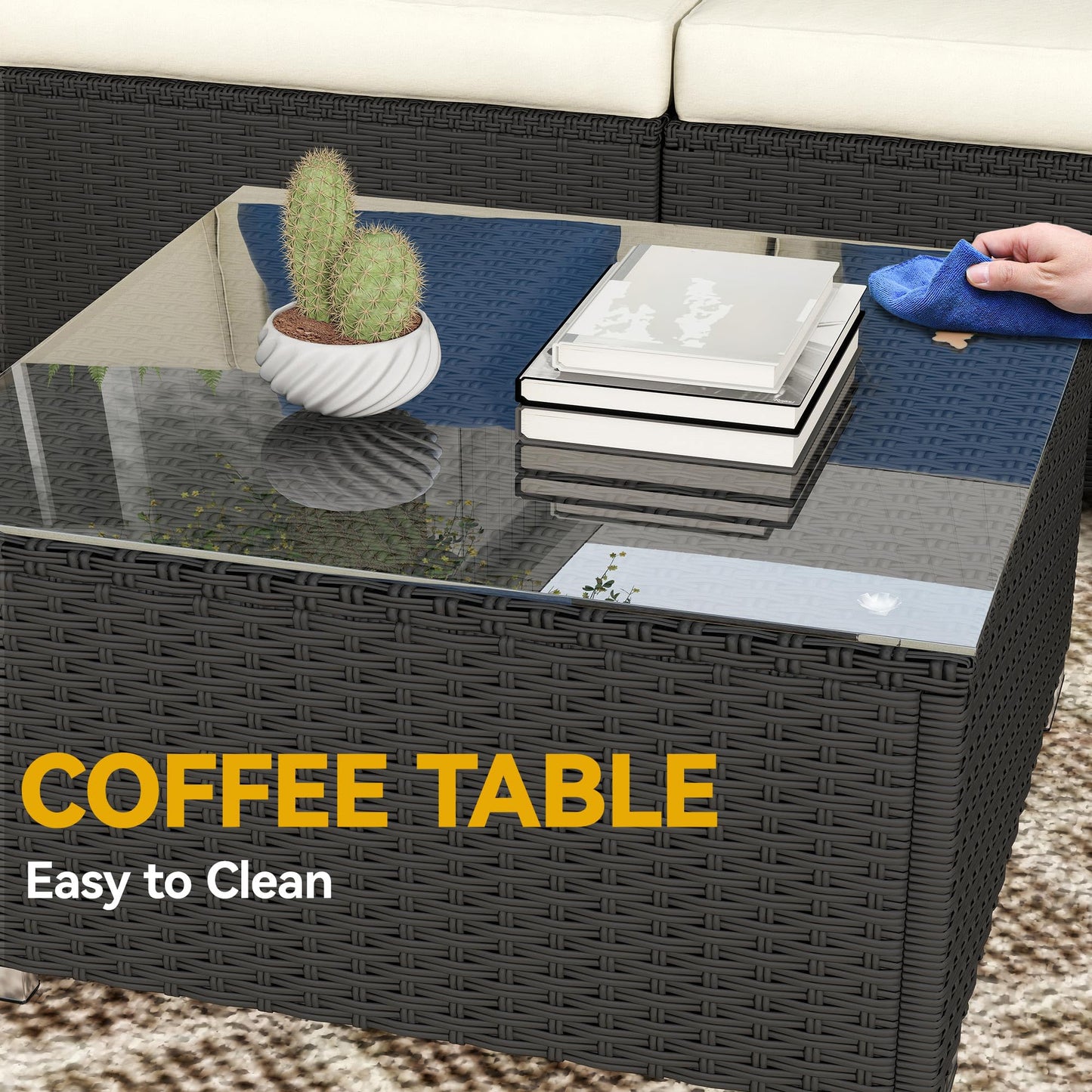 DWVO 7-Piece Patio Furniture Set, All-Weather PE Rattan Wicker Outdoor Sectional Sofa with Soft Cushions & Coffee Table, Patio Conversation Set for Backyard, Garden, Porch, Balcony (Beige+Black) - CookCave