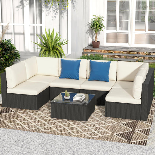 DWVO 7-Piece Patio Furniture Set, All-Weather PE Rattan Wicker Outdoor Sectional Sofa with Soft Cushions & Coffee Table, Patio Conversation Set for Backyard, Garden, Porch, Balcony (Beige+Black) - CookCave