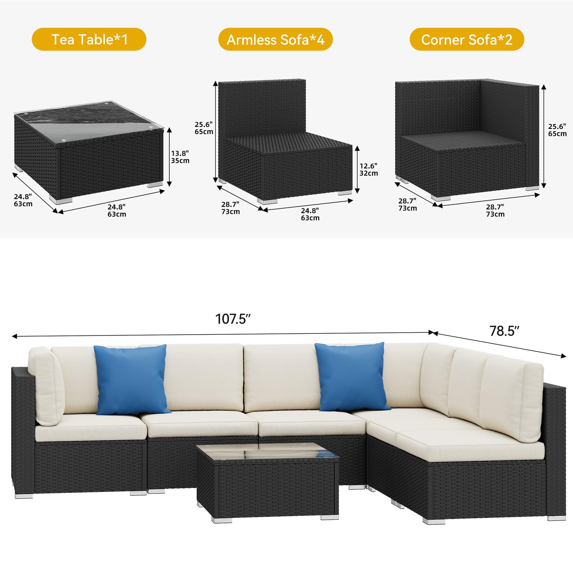 DWVO 7-Piece Patio Furniture Set, All-Weather PE Rattan Wicker Outdoor Sectional Sofa with Soft Cushions & Coffee Table, Patio Conversation Set for Backyard, Garden, Porch, Balcony (Beige+Black) - CookCave