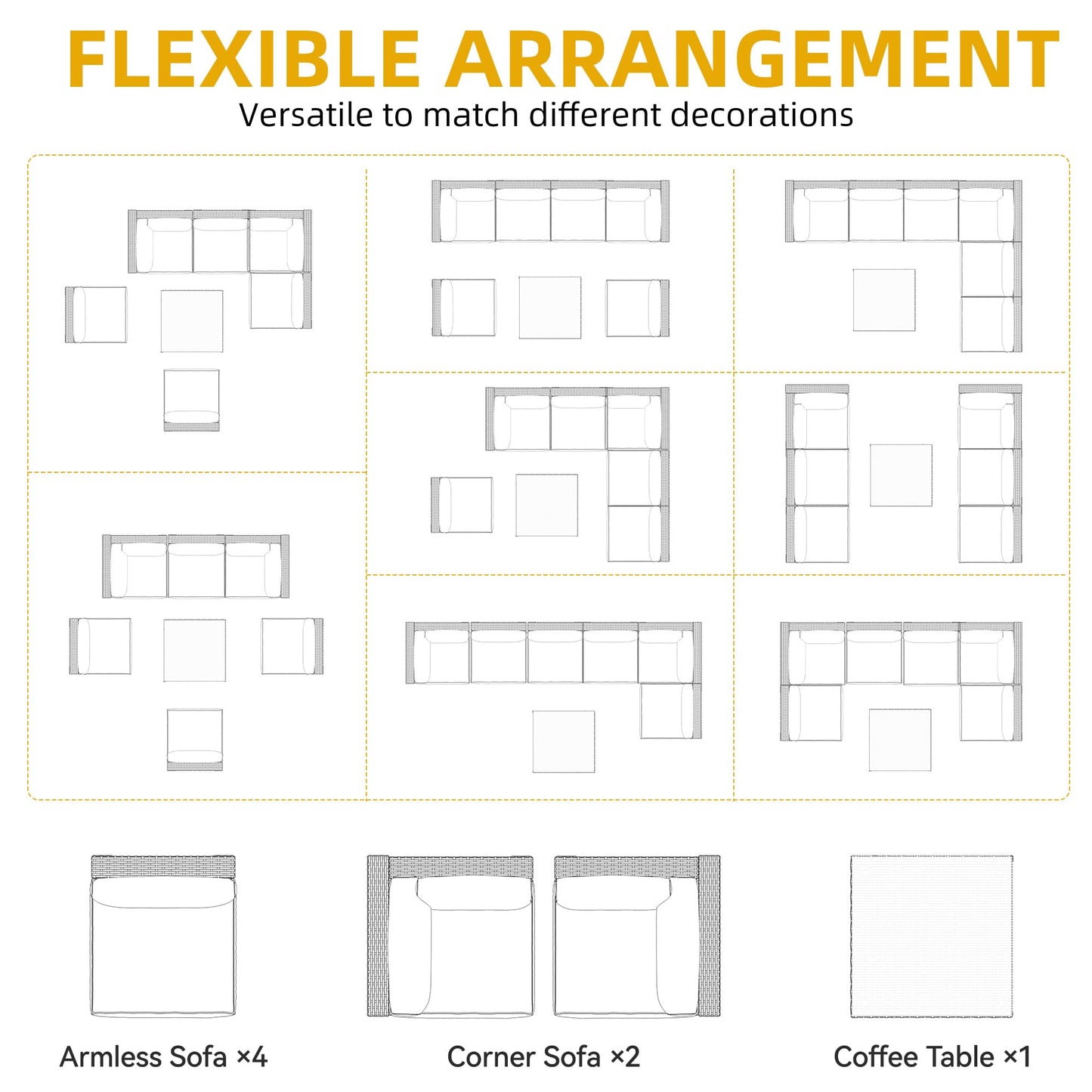 DWVO 7-Piece Patio Furniture Set, All-Weather PE Rattan Wicker Outdoor Sectional Sofa with Soft Cushions & Coffee Table, Patio Conversation Set for Backyard, Garden, Porch, Balcony (Beige+Black) - CookCave