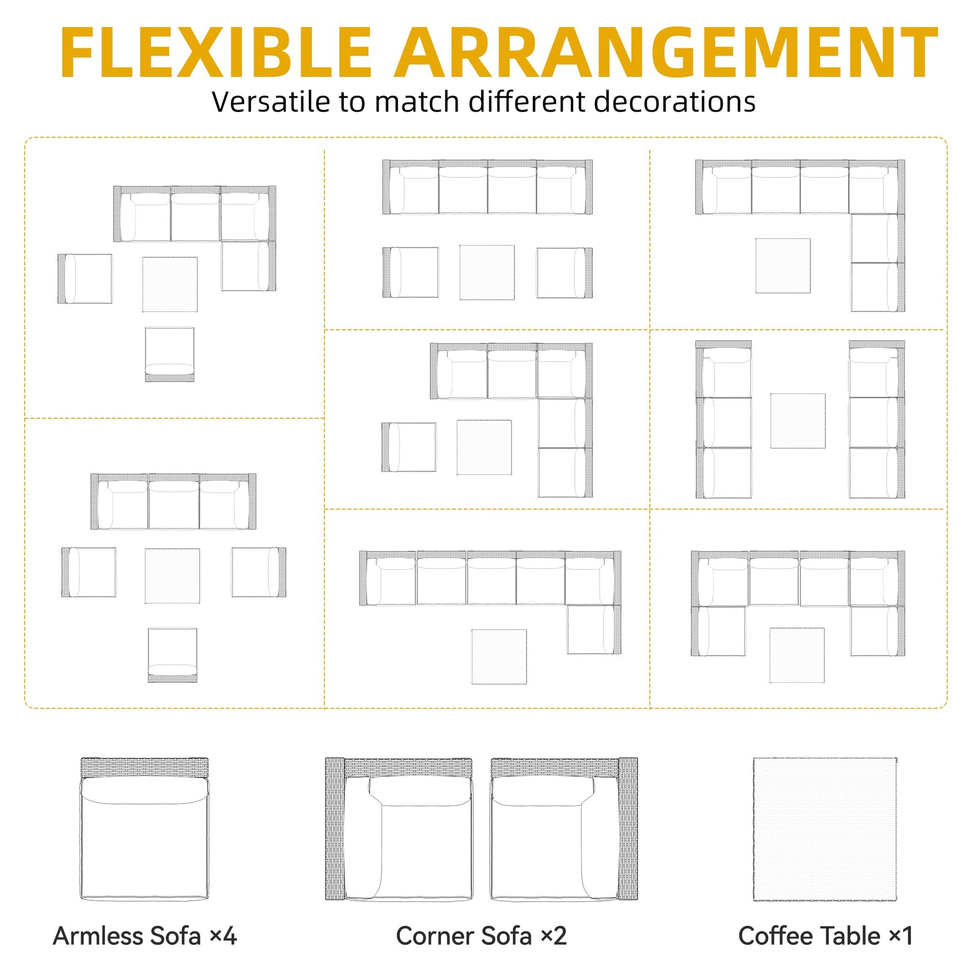 DWVO 7-Piece Patio Furniture Set, All-Weather PE Rattan Wicker Outdoor Sectional Sofa with Soft Cushions & Coffee Table, Patio Conversation Set for Backyard, Garden, Porch, Balcony (Beige+Black) - CookCave