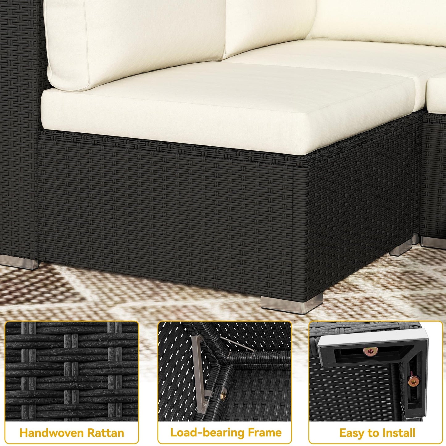 DWVO 7-Piece Patio Furniture Set, All-Weather PE Rattan Wicker Outdoor Sectional Sofa with Soft Cushions & Coffee Table, Patio Conversation Set for Backyard, Garden, Porch, Balcony (Beige+Black) - CookCave