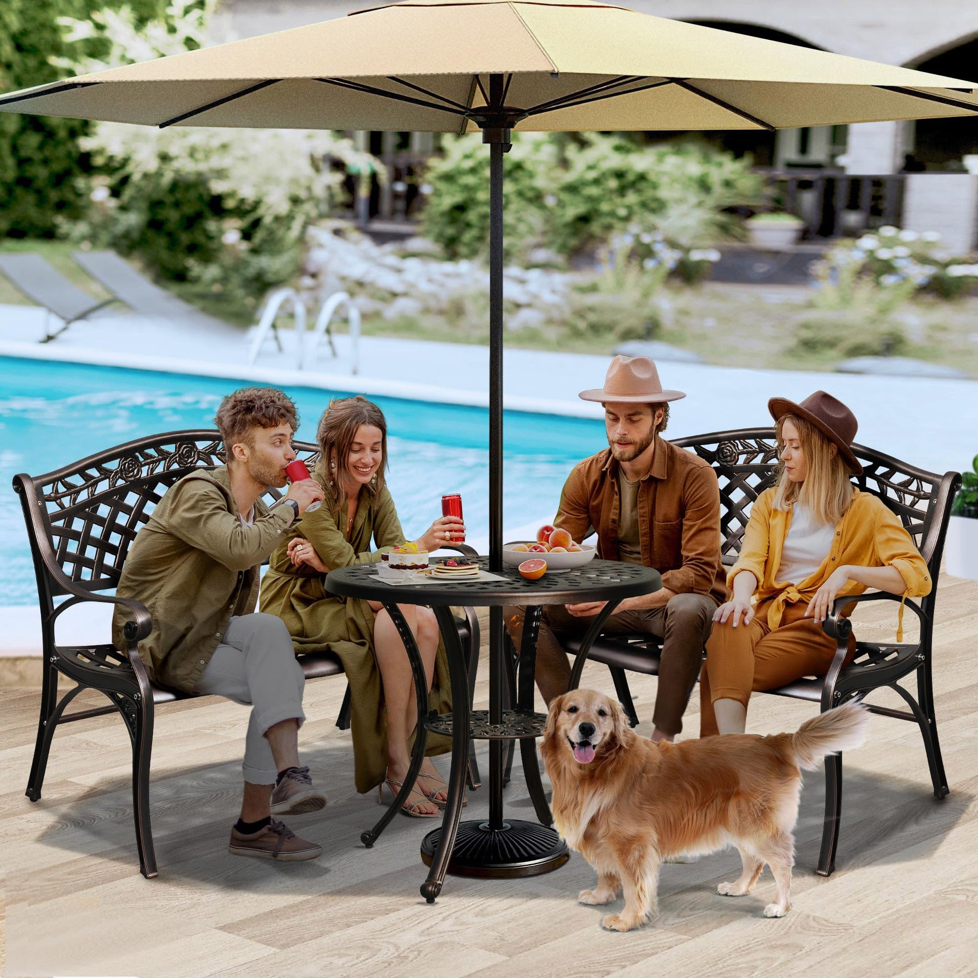 DWVO Cast Aluminum Outdoor Bench, 39.4’’ Patio Garden Benches for Outdoors, Metal Frame Patio Bench for Backyard, Lawn, Deck, Porch, Park, Bronze - CookCave