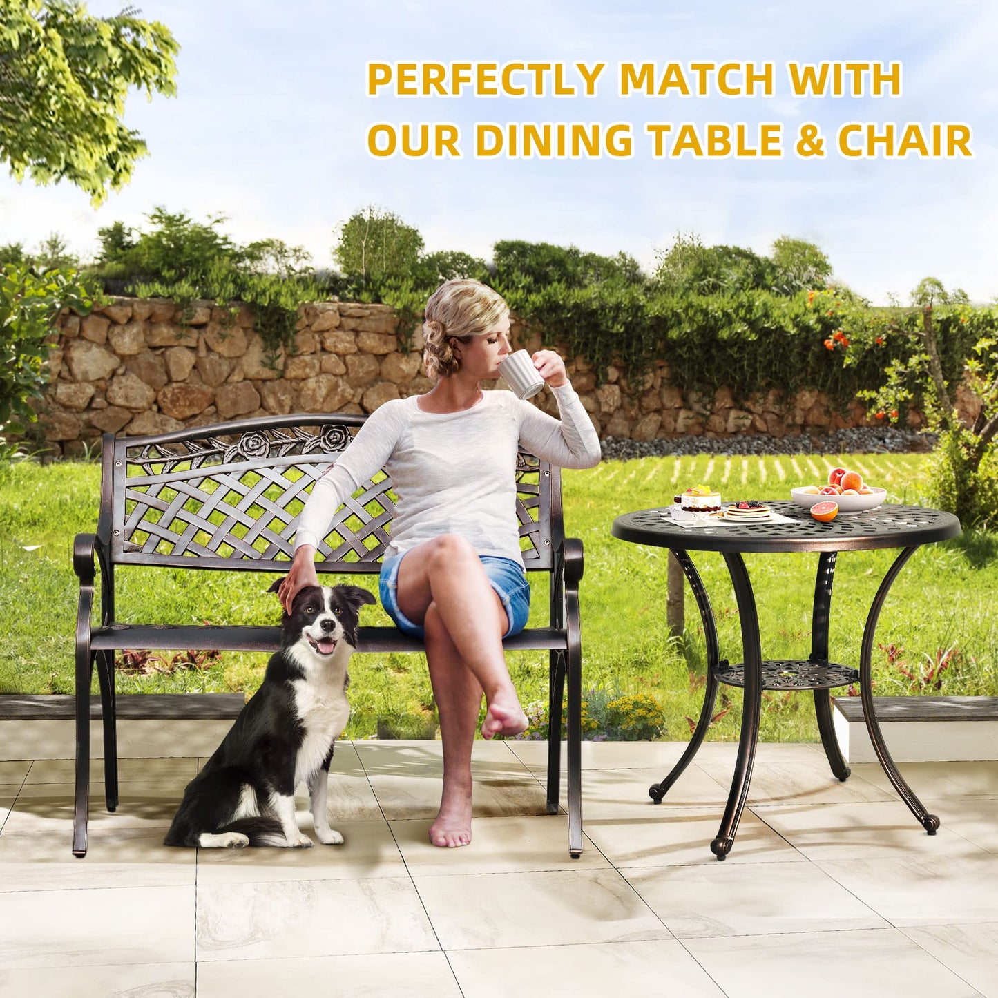 DWVO Cast Aluminum Outdoor Bench, 39.4’’ Patio Garden Benches for Outdoors, Metal Frame Patio Bench for Backyard, Lawn, Deck, Porch, Park, Bronze - CookCave
