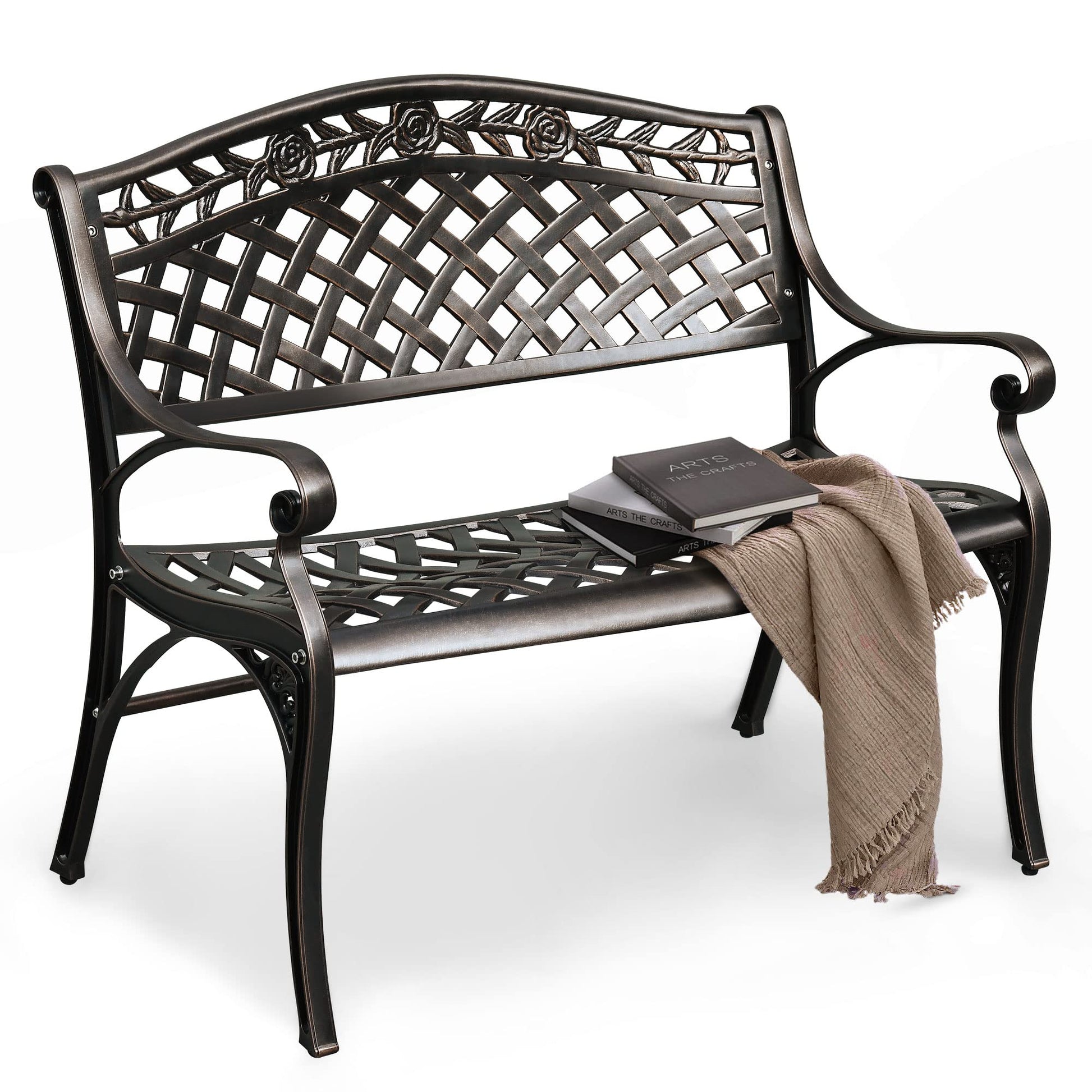 DWVO Cast Aluminum Outdoor Bench, 39.4’’ Patio Garden Benches for Outdoors, Metal Frame Patio Bench for Backyard, Lawn, Deck, Porch, Park, Bronze - CookCave