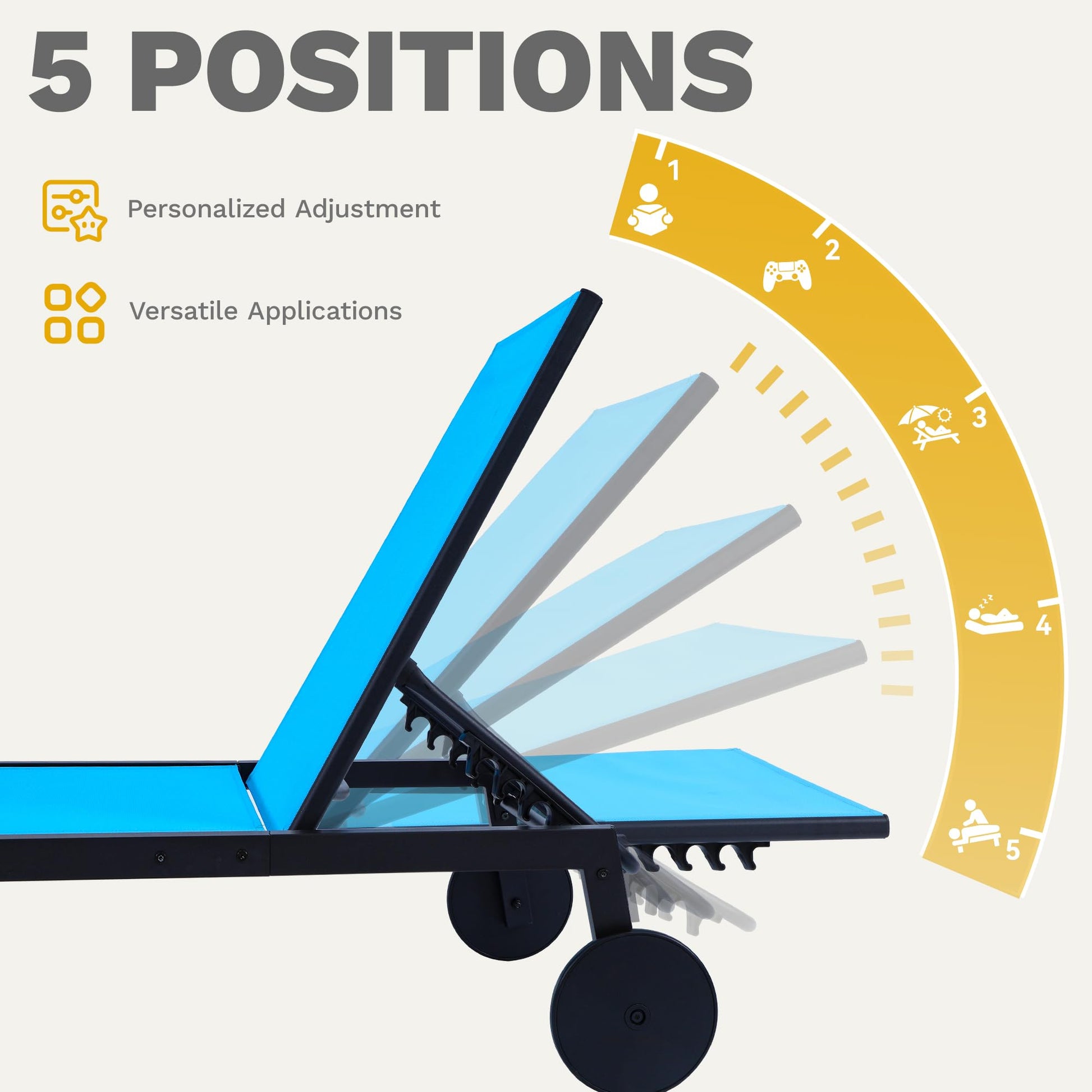 DWVO Outdoor Chaise Lounge Set, 2 Patio Chaise Lounge Chairs with Side Table, Textile Pool Loungers with 5-Level Backrest and Wheels for Beach, Lawn, Porch, Garden (Blue) - CookCave