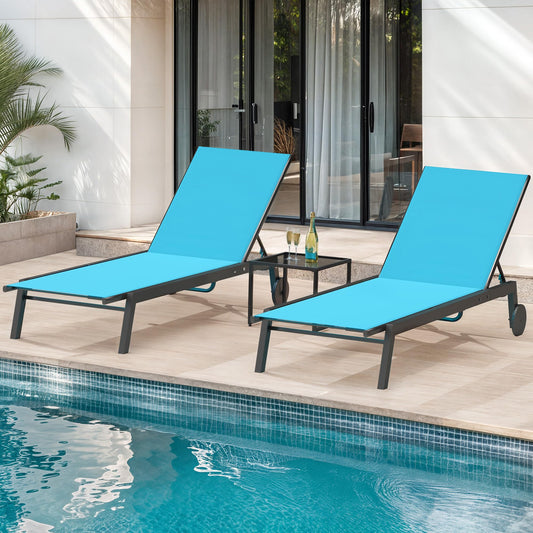 DWVO Outdoor Chaise Lounge Set, 2 Patio Chaise Lounge Chairs with Side Table, Textile Pool Loungers with 5-Level Backrest and Wheels for Beach, Lawn, Porch, Garden (Blue) - CookCave