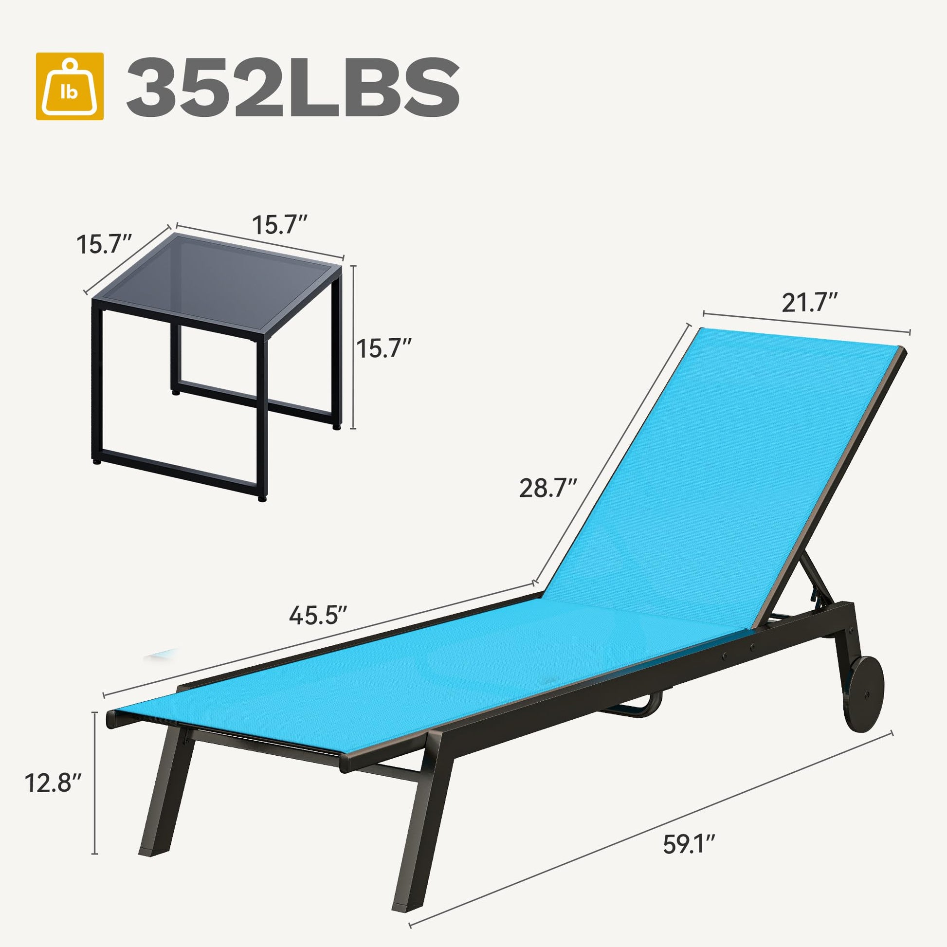 DWVO Outdoor Chaise Lounge Set, 2 Patio Chaise Lounge Chairs with Side Table, Textile Pool Loungers with 5-Level Backrest and Wheels for Beach, Lawn, Porch, Garden (Blue) - CookCave