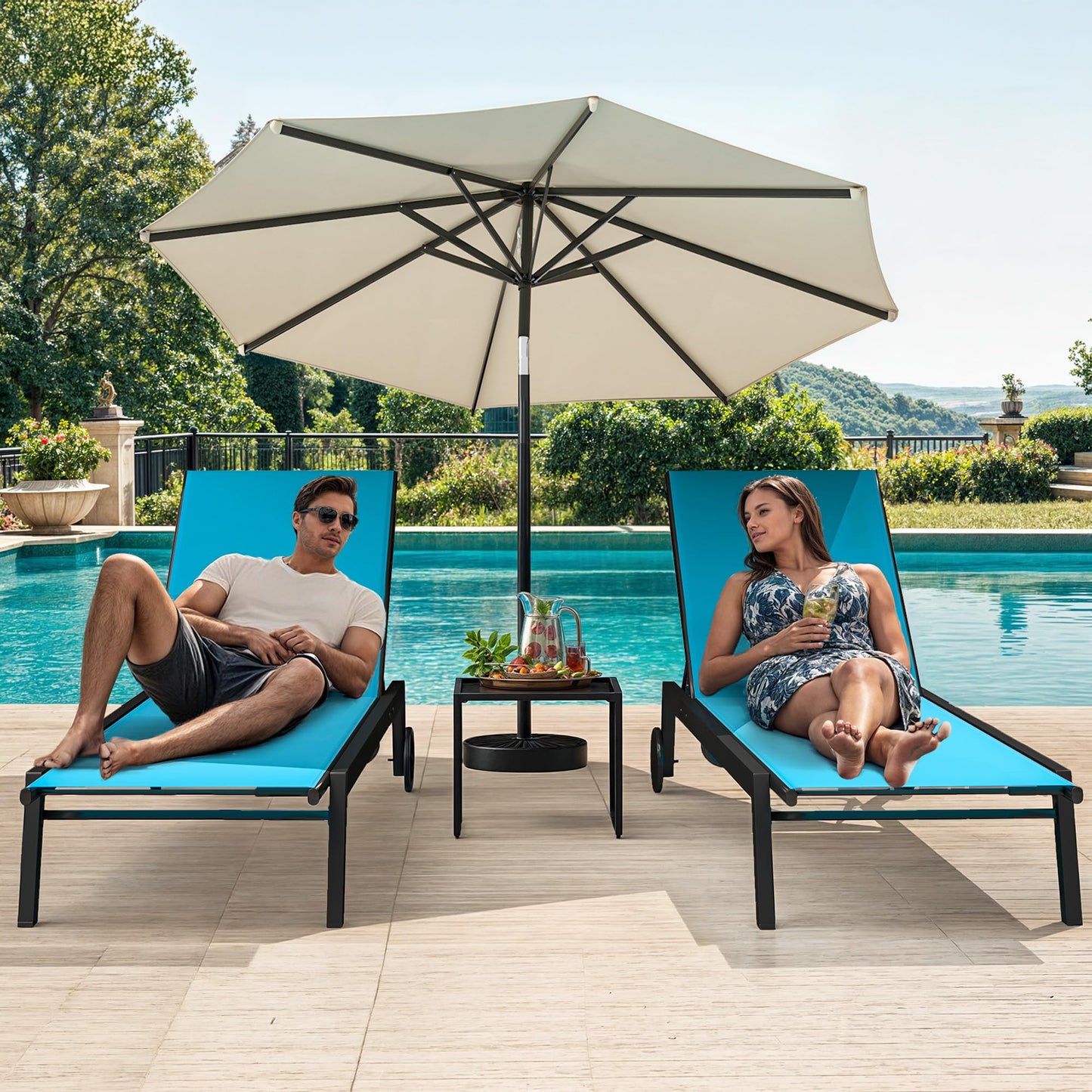 DWVO Outdoor Chaise Lounge Set, 2 Patio Chaise Lounge Chairs with Side Table, Textile Pool Loungers with 5-Level Backrest and Wheels for Beach, Lawn, Porch, Garden (Blue) - CookCave