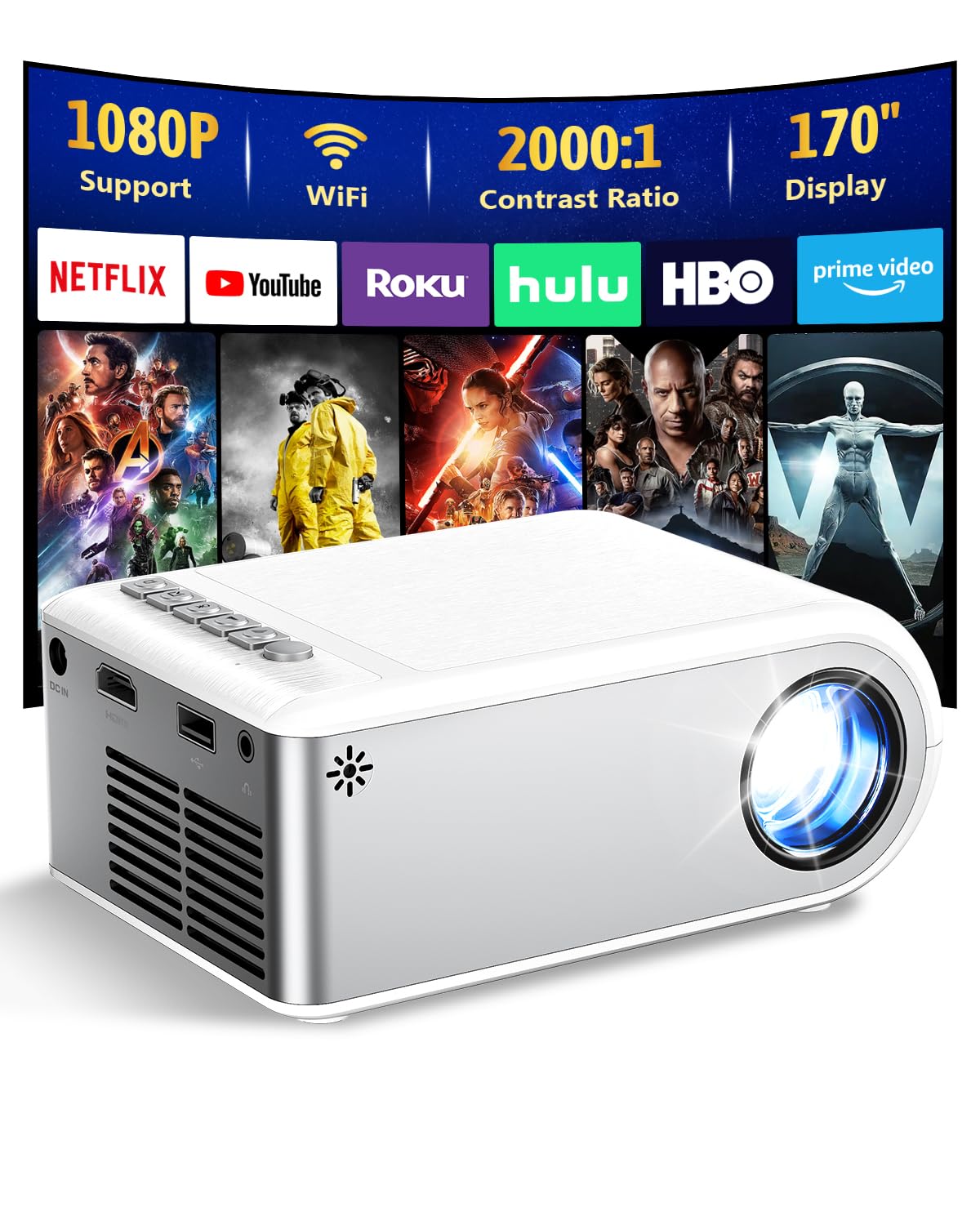 DZA Mini Projector with WiFi, Outdoor Portable Projector Supports 1080P with Synchronize Smartphone Screen for iPhone, Movie Projector for Home Theater Compatible with iOS/Android/PC/TV Stick/HDMI - CookCave