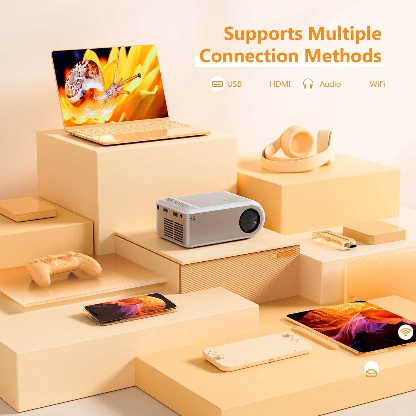 DZA Mini Projector with WiFi, Outdoor Portable Projector Supports 1080P with Synchronize Smartphone Screen for iPhone, Movie Projector for Home Theater Compatible with iOS/Android/PC/TV Stick/HDMI - CookCave