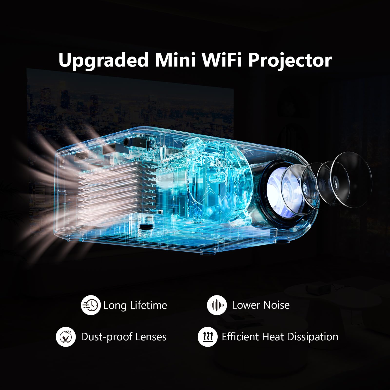 DZA Mini Projector with WiFi, Outdoor Portable Projector Supports 1080P with Synchronize Smartphone Screen for iPhone, Movie Projector for Home Theater Compatible with iOS/Android/PC/TV Stick/HDMI - CookCave