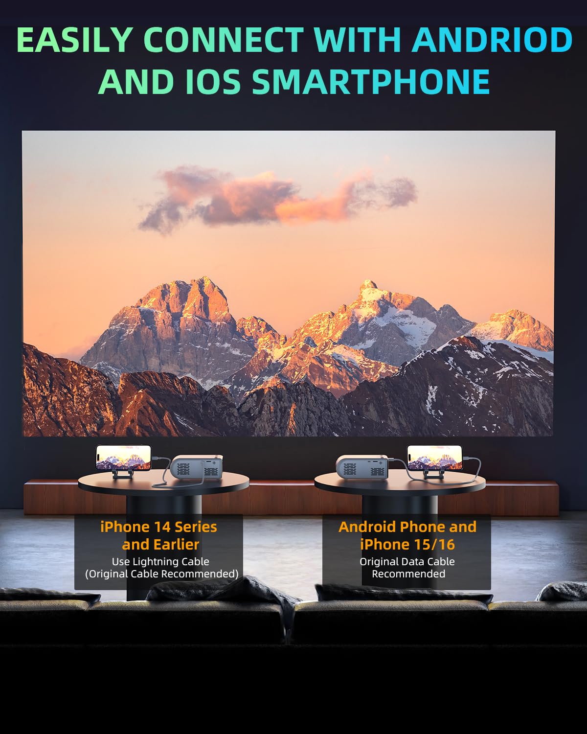 DZA Mini Projector with WiFi, Outdoor Portable Projector Supports 1080P with Synchronize Smartphone Screen for iPhone, Movie Projector for Home Theater Compatible with iOS/Android/PC/TV Stick/HDMI - CookCave