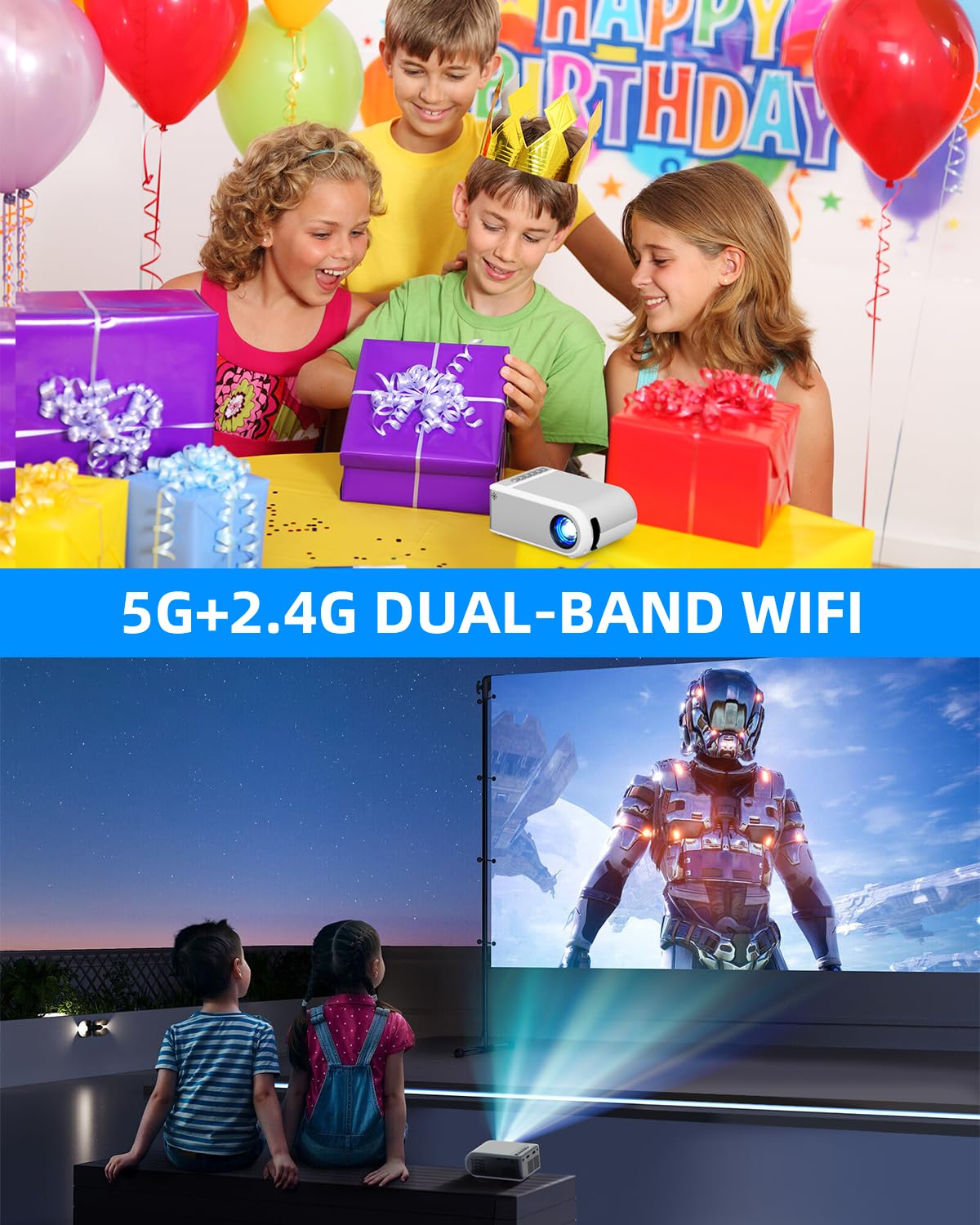 DZA Mini Projector with WiFi, Outdoor Portable Projector Supports 1080P with Synchronize Smartphone Screen for iPhone, Movie Projector for Home Theater Compatible with iOS/Android/PC/TV Stick/HDMI - CookCave