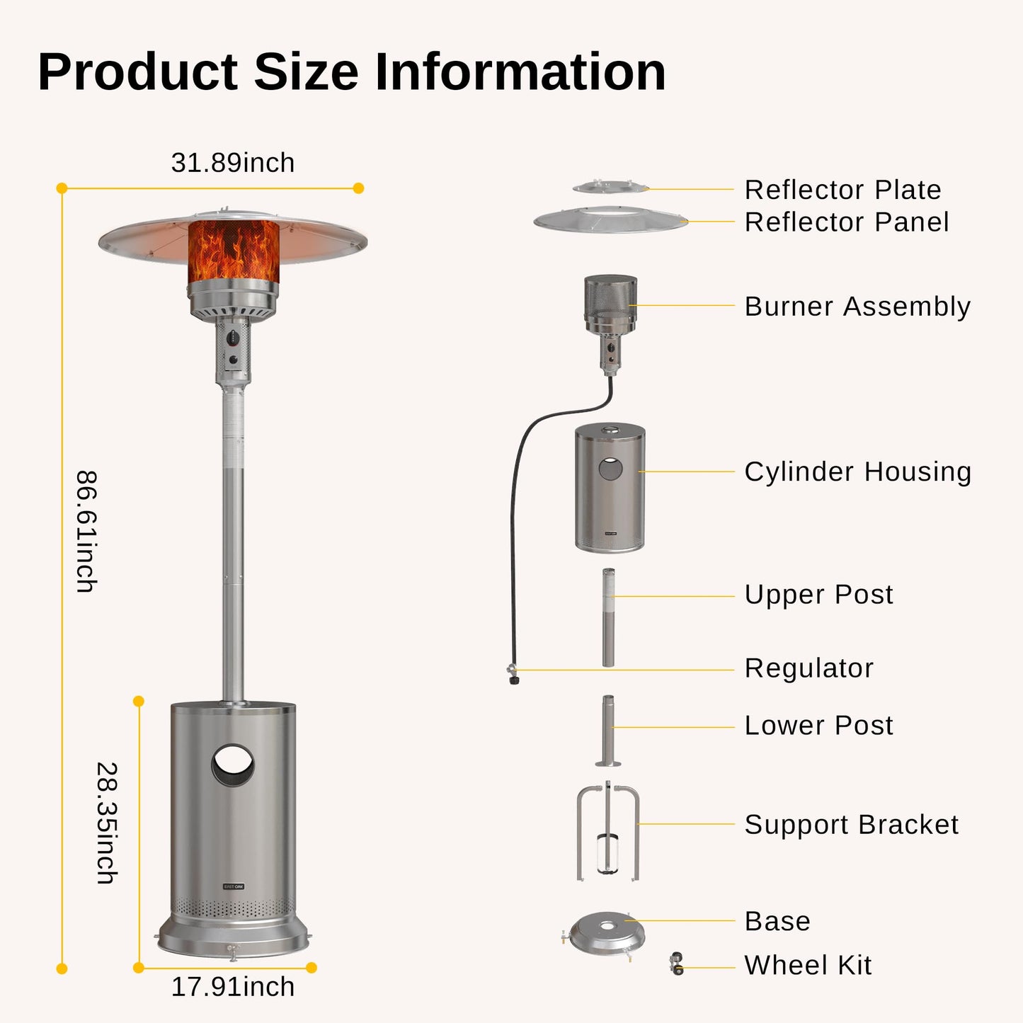 EAST OAK 48,000 BTU Patio Heater for Outdoor Use With Round Table Design, Double-Layer Stainless Steel Burner and Wheels, Outdoor Patio Heater for Home and Commercial, Stainless Steel - CookCave
