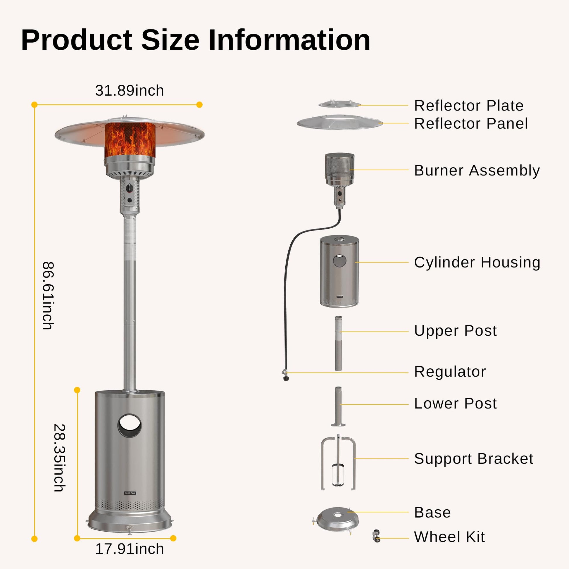 EAST OAK 48,000 BTU Patio Heater for Outdoor Use With Round Table Design, Double-Layer Stainless Steel Burner and Wheels, Outdoor Patio Heater for Home and Commercial, Stainless Steel - CookCave