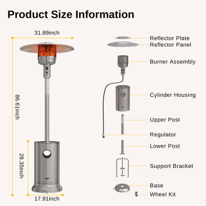 EAST OAK 48,000 BTU Patio Heater for Outdoor Use With Round Table Design, Double-Layer Stainless Steel Burner and Wheels, Outdoor Patio Heater for Home and Commercial, Stainless Steel - CookCave