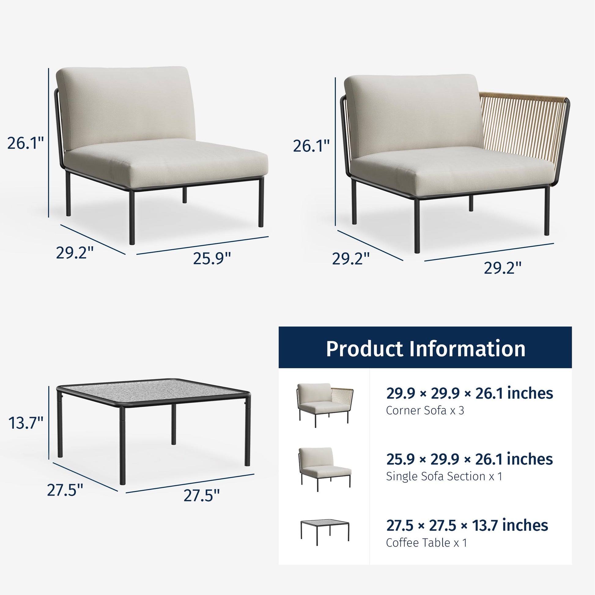 EAST OAK 5-Piece Montauk Modular Patio Furniture Set, Outdoor Corner Sofa with Cushion and Glass Coffee Table, Modern Patio Conversation Set for Garden, Backyard and Porch, Beige & Grey - CookCave