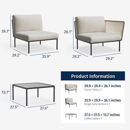 EAST OAK 5-Piece Montauk Modular Patio Furniture Set, Outdoor Corner Sofa with Cushion and Glass Coffee Table, Modern Patio Conversation Set for Garden, Backyard and Porch, Beige & Grey - CookCave