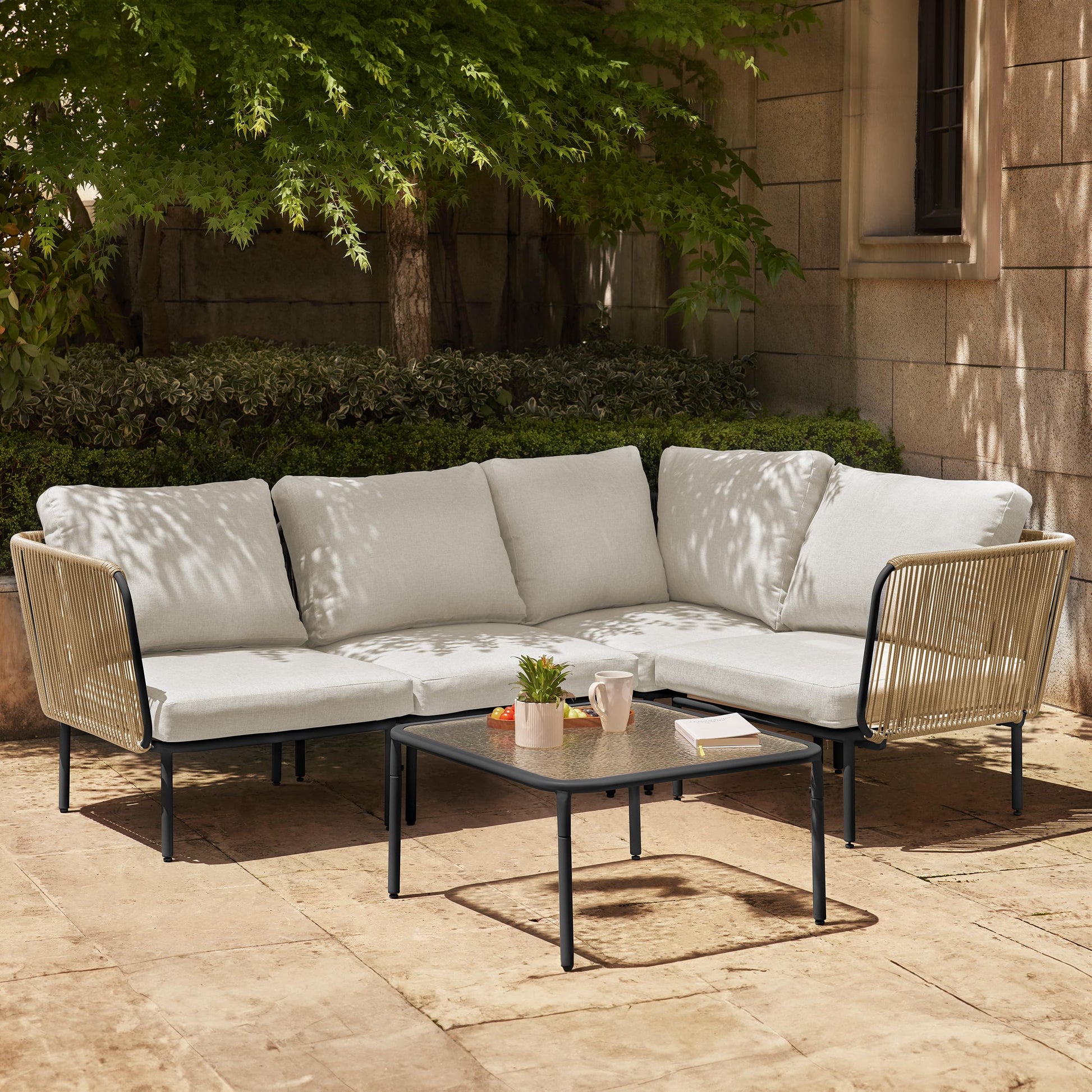 EAST OAK 5-Piece Montauk Modular Patio Furniture Set, Outdoor Corner Sofa with Cushion and Glass Coffee Table, Modern Patio Conversation Set for Garden, Backyard and Porch, Beige & Grey - CookCave