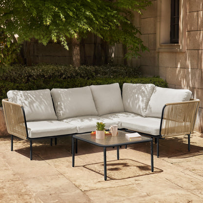 EAST OAK 5-Piece Montauk Modular Patio Furniture Set, Outdoor Corner Sofa with Cushion and Glass Coffee Table, Modern Patio Conversation Set for Garden, Backyard and Porch, Beige & Grey - CookCave