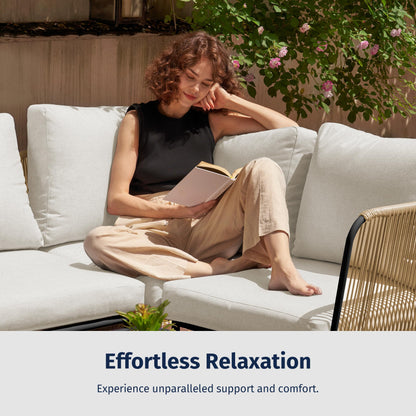 EAST OAK 5-Piece Montauk Modular Patio Furniture Set, Outdoor Corner Sofa with Cushion and Glass Coffee Table, Modern Patio Conversation Set for Garden, Backyard and Porch, Beige & Grey - CookCave