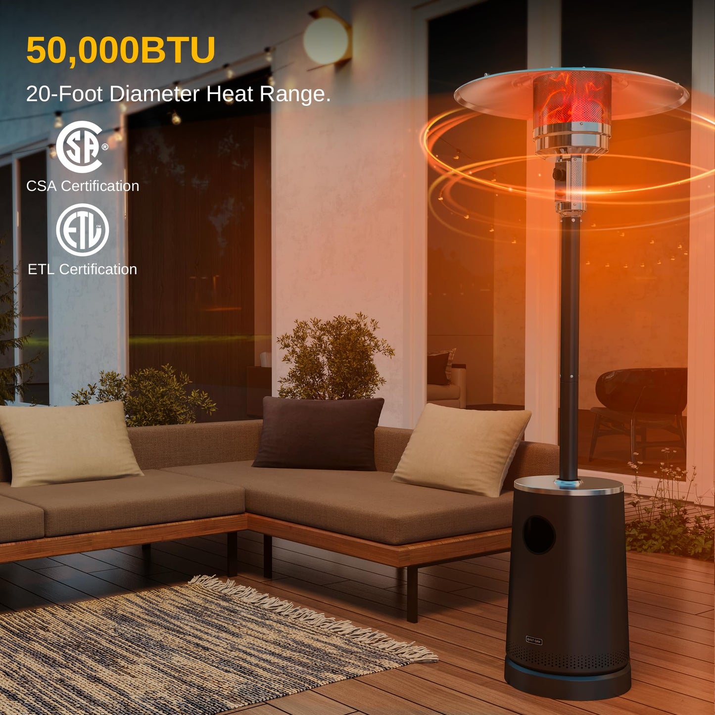 EAST OAK 50,000 BTU Patio Heater with Sand Box, Table Design, Double-Layer Stainless Steel Burner, Wheels, Triple Protection System, Outdoor Heater for Home and Residential, Pinecone - CookCave