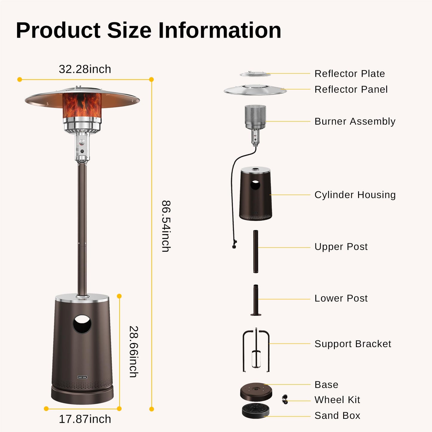 EAST OAK 50,000 BTU Patio Heater with Sand Box, Table Design, Double-Layer Stainless Steel Burner, Wheels, Triple Protection System, Outdoor Heater for Home and Residential, Pinecone - CookCave