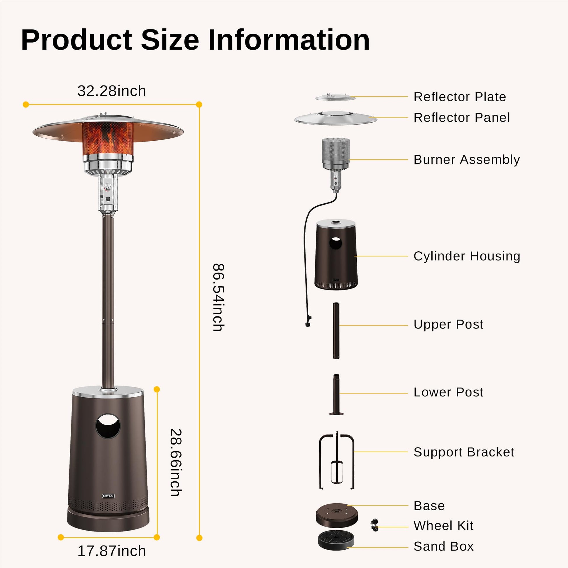 EAST OAK 50,000 BTU Patio Heater with Sand Box, Table Design, Double-Layer Stainless Steel Burner, Wheels, Triple Protection System, Outdoor Heater for Home and Residential, Pinecone - CookCave