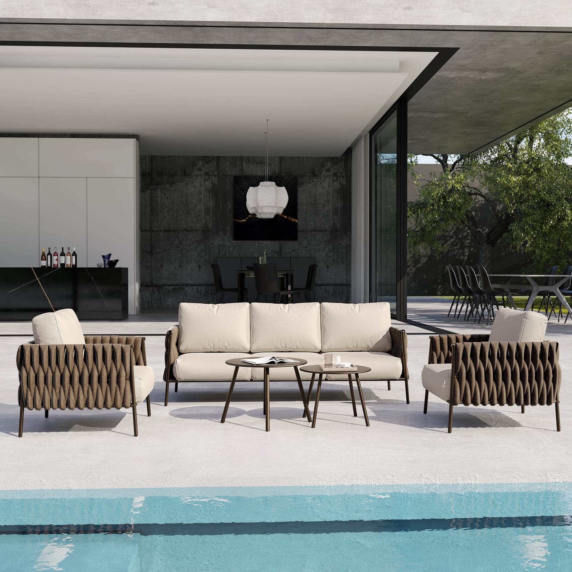 EAST OAK Life Chatter Patio Furniture Set 5 Pieces, Outdoor Furniture 5-Seat Sofa with Two Round Coffee Table, Waterproof Thick Cushion Deep Seating for Porch, Balcony, Chestnut Brown & Creamy Apricot - CookCave