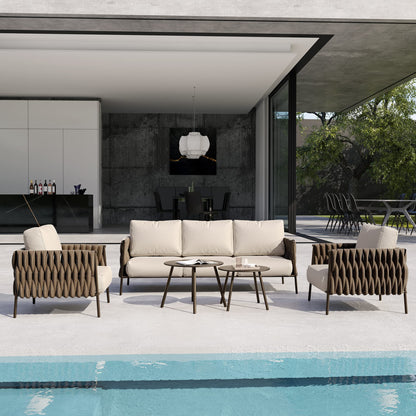 EAST OAK Life Chatter Patio Furniture Set 5 Pieces, Outdoor Furniture 5-Seat Sofa with Two Round Coffee Table, Waterproof Thick Cushion Deep Seating for Porch, Balcony, Chestnut Brown & Creamy Apricot - CookCave