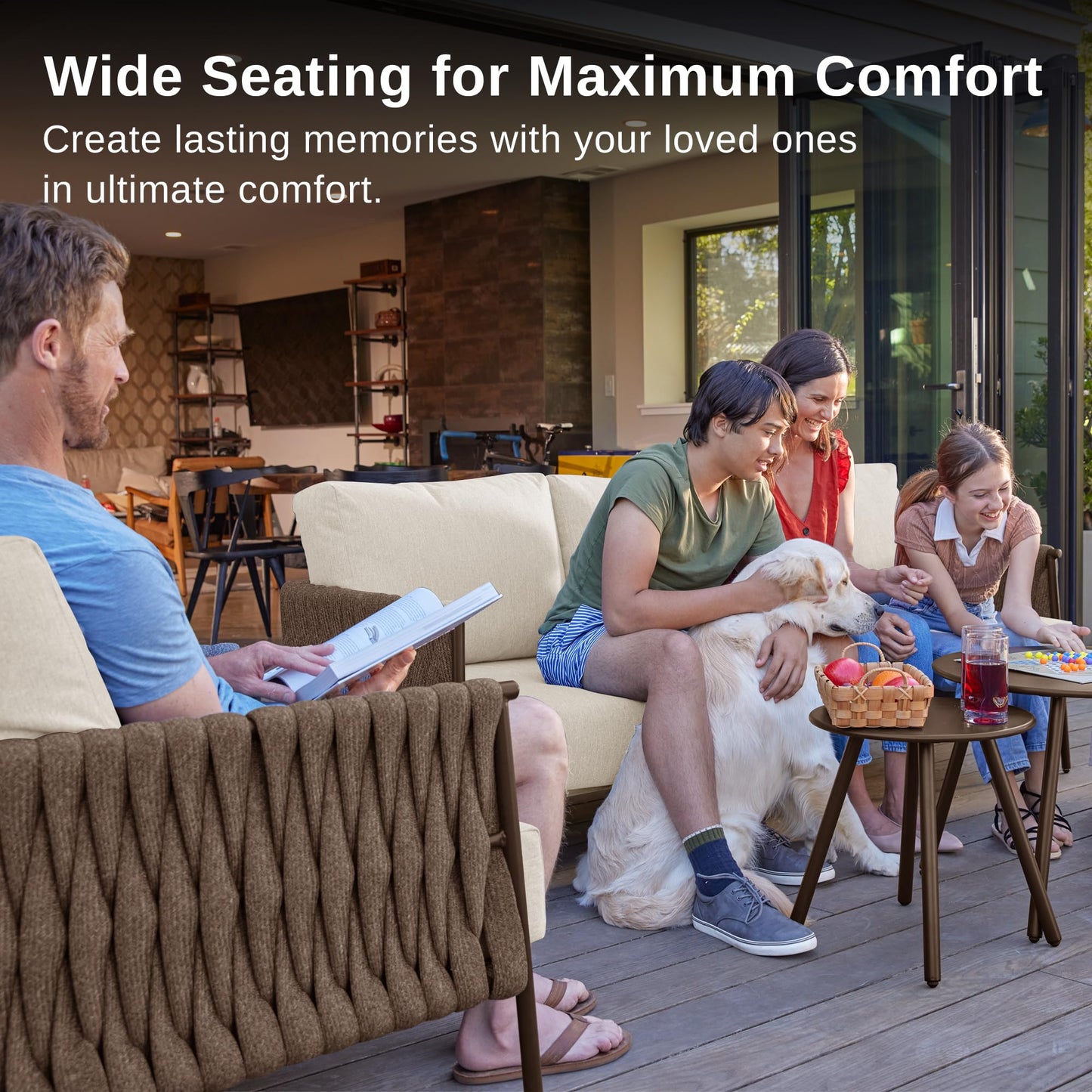 EAST OAK Life Chatter Patio Furniture Set 5 Pieces, Outdoor Furniture 5-Seat Sofa with Two Round Coffee Table, Waterproof Thick Cushion Deep Seating for Porch, Balcony, Chestnut Brown & Creamy Apricot - CookCave