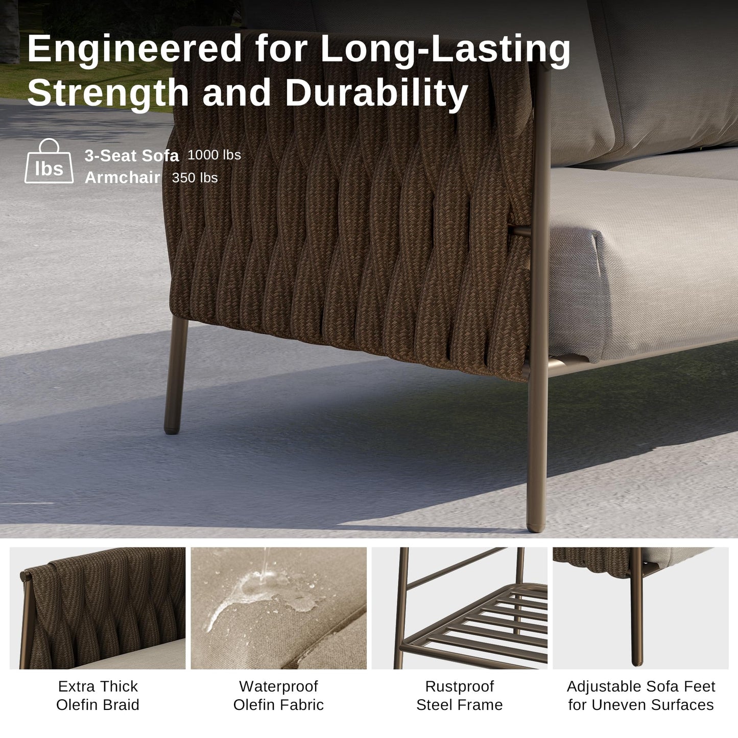 EAST OAK Life Chatter Patio Furniture Set 5 Pieces, Outdoor Furniture 5-Seat Sofa with Two Round Coffee Table, Waterproof Thick Cushion Deep Seating for Porch, Balcony, Chestnut Brown & Creamy Apricot - CookCave