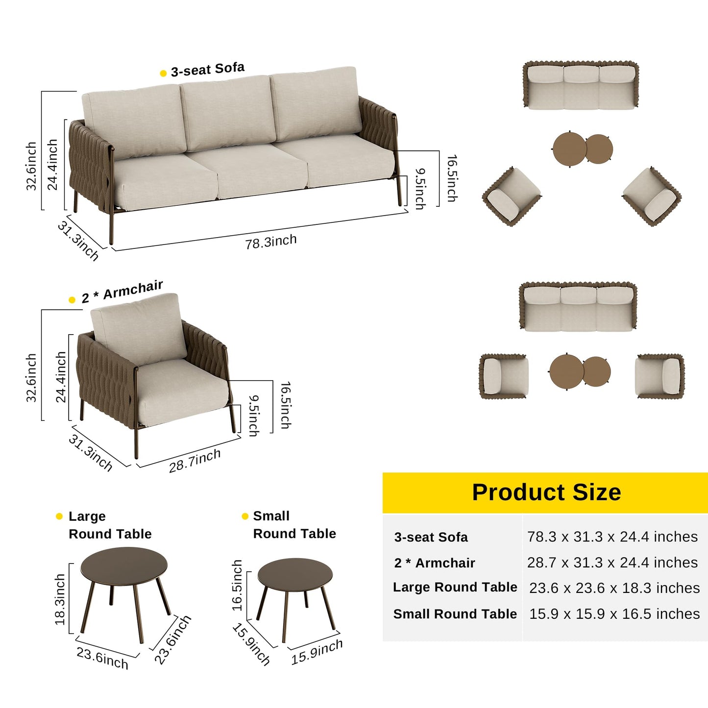 EAST OAK Life Chatter Patio Furniture Set 5 Pieces, Outdoor Furniture 5-Seat Sofa with Two Round Coffee Table, Waterproof Thick Cushion Deep Seating for Porch, Balcony, Chestnut Brown & Creamy Apricot - CookCave