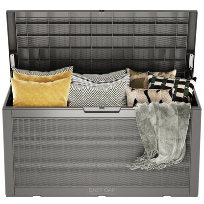 EAST OAK Outdoor Storage Box, 100 Gallon Deck Box, Waterproof Resin Storage Bench for Patio Cushions, Gardening Tools, Pool Accessories, Lockable, UV Resistant, Grey - CookCave