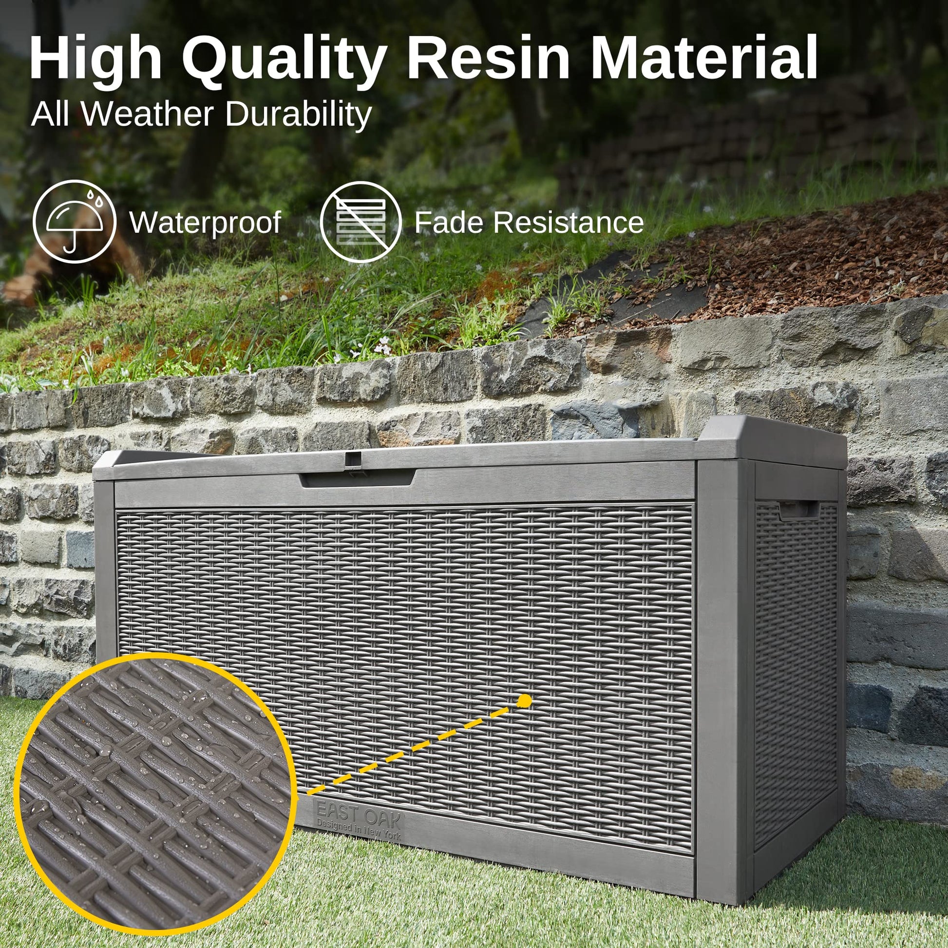 EAST OAK Outdoor Storage Box, 100 Gallon Deck Box, Waterproof Resin Storage Bench for Patio Cushions, Gardening Tools, Pool Accessories, Lockable, UV Resistant, Grey - CookCave