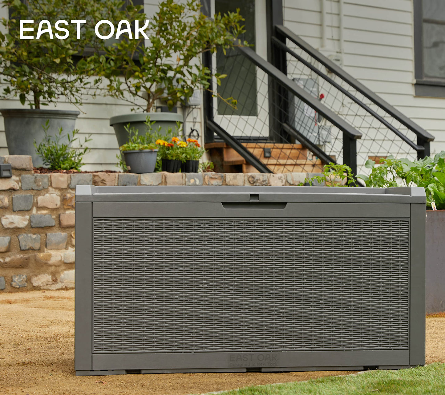 EAST OAK Outdoor Storage Box, 100 Gallon Deck Box, Waterproof Resin Storage Bench for Patio Cushions, Gardening Tools, Pool Accessories, Lockable, UV Resistant, Grey - CookCave