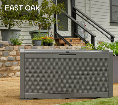 EAST OAK Outdoor Storage Box, 100 Gallon Deck Box, Waterproof Resin Storage Bench for Patio Cushions, Gardening Tools, Pool Accessories, Lockable, UV Resistant, Grey - CookCave