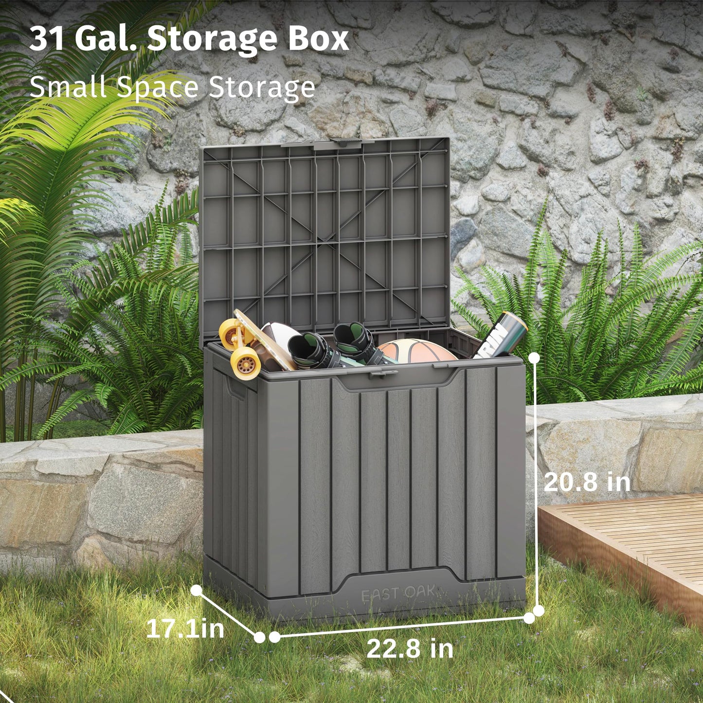 EAST OAK Outdoor Storage Box | 31 Gallon Deck Box Indoor and Outdoor Use | Waterproof Resin Storage Bin with Latch for Patio Cushions, Gardening Tools | UV Resistant | Deep Grey - CookCave