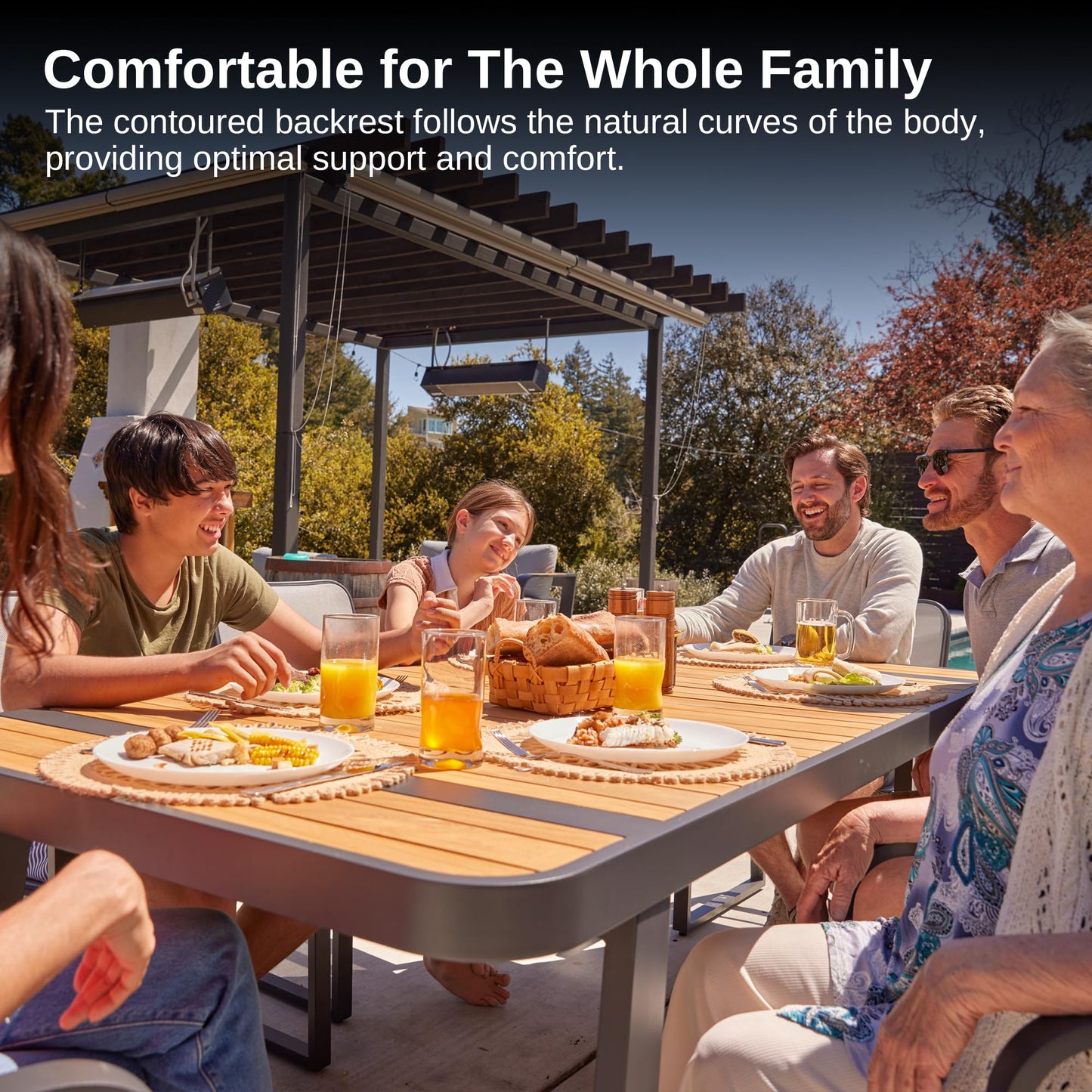 EAST OAK Signature 7 Pieces Outdoor Dining Set, Patio Furniture Set with Finest Teak Wood, Powder-Coated Aluminum Frame Table and Teslin Fabric Chairs, Patio Dining Set for Garden and Yard, Dark Grey - CookCave