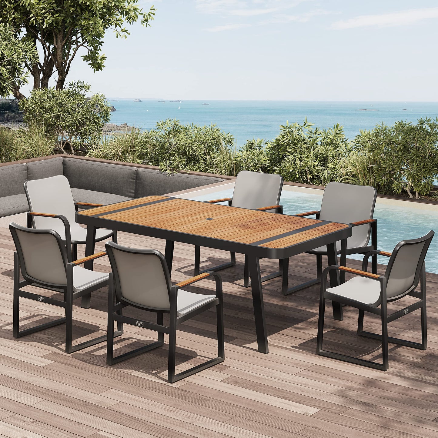EAST OAK Signature 7 Pieces Outdoor Dining Set, Patio Furniture Set with Finest Teak Wood, Powder-Coated Aluminum Frame Table and Teslin Fabric Chairs, Patio Dining Set for Garden and Yard, Dark Grey - CookCave