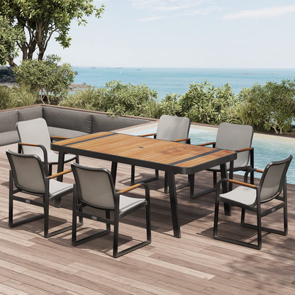 EAST OAK Signature 7 Pieces Outdoor Dining Set, Patio Furniture Set with Finest Teak Wood, Powder-Coated Aluminum Frame Table and Teslin Fabric Chairs, Patio Dining Set for Garden and Yard, Dark Grey - CookCave