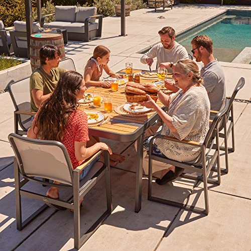 EAST OAK Signature 7 Pieces Outdoor Dining Set, Patio Furniture Set with Finest Teak Wood, Powder-Coated Aluminum Frame Table and Teslin Fabric Chairs, Patio Dining Set for Garden and Yard, Dark Grey - CookCave