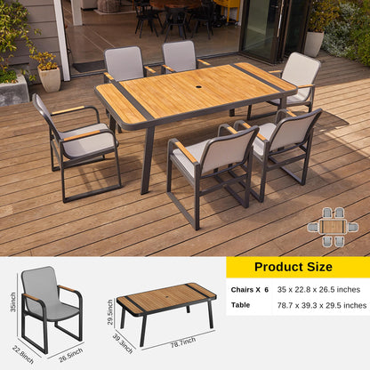 EAST OAK Signature 7 Pieces Outdoor Dining Set, Patio Furniture Set with Finest Teak Wood, Powder-Coated Aluminum Frame Table and Teslin Fabric Chairs, Patio Dining Set for Garden and Yard, Dark Grey - CookCave