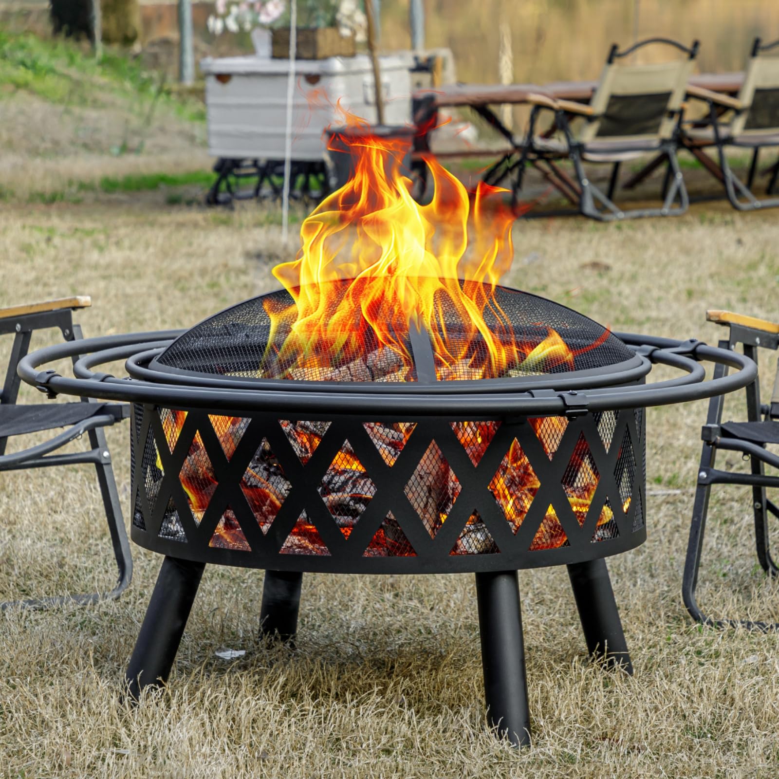 EcoNook 36 Inch Wood Burning Fire Pit with 2 Loops, Outdoor Fire Pit with Spark Screen & Fire Poker, Cross Weave Firepit for Outside Fireplace Bonfire for Yard,Patio, Garden… - CookCave