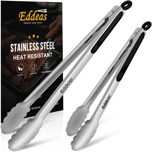 Eddeas Grill Tongs - Extra Long Stainless Steel Kitchen Tongs (12" & 17"), Metal Locking, Heat Resistant to 600F, Cooking & Grilling Set of 2 - CookCave