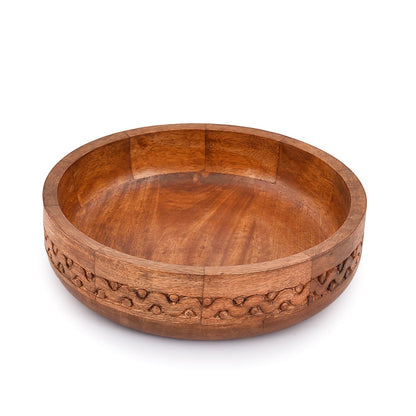 EDHAS Mango Wood Decorative Round Carved Bowl for Decoration, Centerpiece Bowl for Table (10" x 10" x 2.5") - CookCave