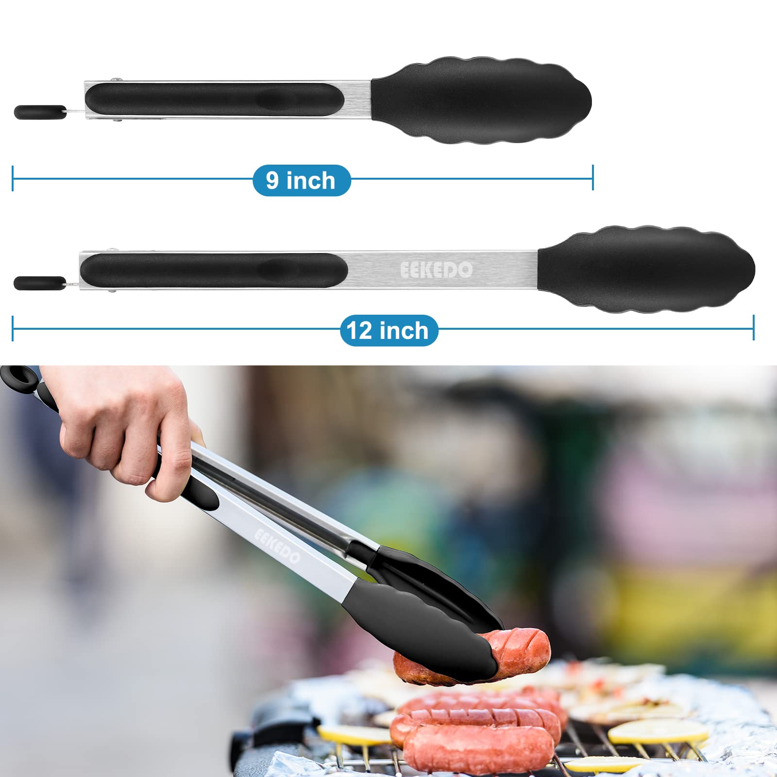 EEKEDO Kitchen Tongs, Stainless Steel Silicone Tongs for Cooking 600ºF High Heat-Resistant BBQ Grilling Locking Tongs, Set of 2-9" and 12" - CookCave